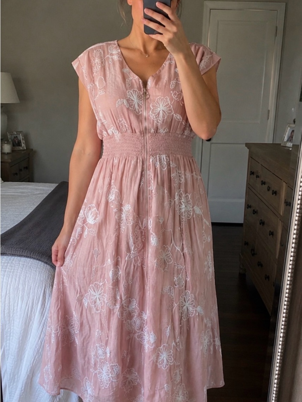 Women's Dusty Rose Embroidered Midi Dress with Smocked Waist